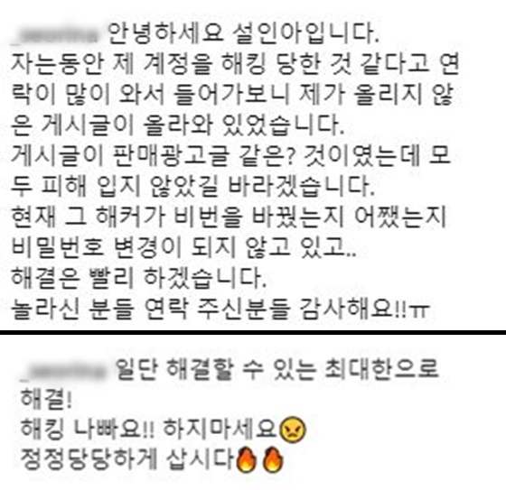 배우 설인아가 올린 SNS해킹 피해 호소문/사진=설인아 인스타그램