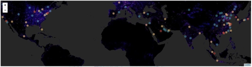 이산화탄소 배출량 상위 100개 도시 지도 지도에서 빨간색 점은 이산화탄소 배출 상위 10개 도시, 오렌지색은 상위 50개 도시, 파란색은 상위 100개 도시를 각각 나타낸다. [NTNU 연구결과 홈페이지 캡처=연합뉴스]