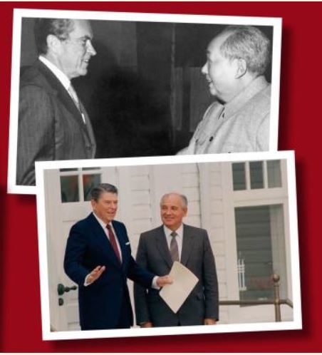 냉전질서를 종식하고 사회주의권을 붕괴시킨 미-중-소 데탕트의 주요 두 장면인 1972년 리처드 닉슨-마오쩌둥 미중 정상회담과 1986년 로널드 레이건-미하일 고르바쵸프 미소 정상회담.