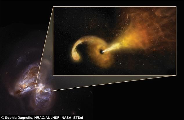 천문학자들은 ‘Arp 299’로 불리는 충돌하는 두 은하 중 한쪽에서 블랙홀의 제트 분출 현상을 목격했다.