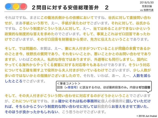 일본 회사원이 트위터 등에 올린 아베 총리 국회 답변 분석. 질문에 제대로 답변 한 경우를 파란색으로 칠했는데, 질문 끝 부분에 가서야 겨우 보인다.