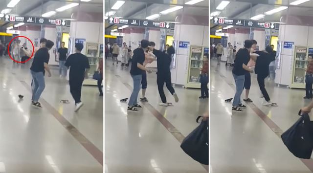 27일 오후 10시 30분쯤 대구 지하철 반월당역에서 한 남성이 지나가는 행인 2명을 야구 방망이로 폭행하는 사건이 벌어졌다. 당시 상황을 행인이 찍어 올린 사진. 유튜브 캡처