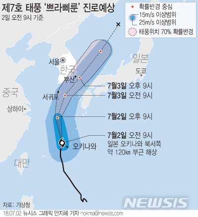 【서울=뉴시스】안지혜 기자 = 기상청에 따르면 태풍 '쁘라삐룬'은 2일 오전 3시 현재 일본 오키나와 서쪽 해상에서 시속 13㎞ 속도로 북상 중이다.  hokma@newsis.com