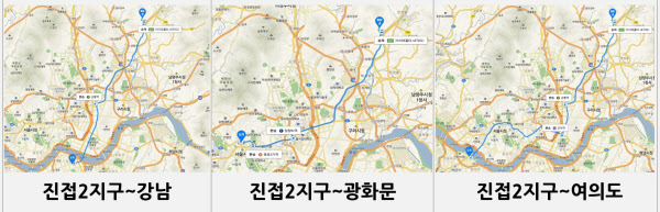 남양주 진접2지구에서 서울 주요 업무지구까지는 버스와 전철을 갈아타고 2시간 이상이 소요된다. /네이버 지도