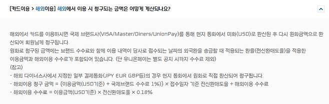 현대카드의 해외 결제 청구 내역, 출처: 현대카드