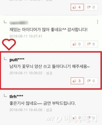 지난주 체헐리즘 기사(커피, 1년간 끊어봤다) 댓글을 통해 제보를 받았다. 한 독자가 기자에게 '꽃무늬 양산을 써보라'고 권하고 있다. 감사의 뜻을 담아 '빨간색 하트'를 그려 보았다./사진=댓글 화면 캡쳐