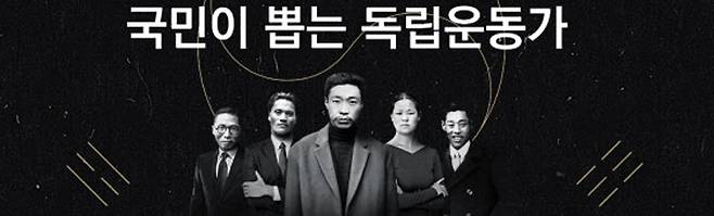 국가보훈처가 2019년 3·1운동 및 임시정부 수립 100주년을 기념해 ‘이달의 독립운동가’ 12명을 온라인 국민투표를 통해 뽑겠다며 홈페이지에 공개한 합성 사진. 왼쪽부터 김구 선생, 윤봉길·안중근 의사, 유관순 열사, 이봉창 의사. /국가보훈처