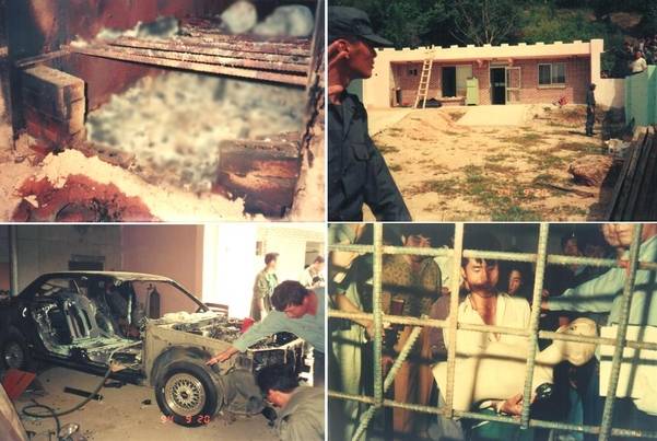 (왼쪽 상단부터 시계방향으로)지존파 아지트 내부 사체소각로, 전남 영광군 아지트 외부 전경, 피해자가 타고 있던 그렌저 승용차, 지하 감금실. /고병천 전 서초서 강력반장 제공