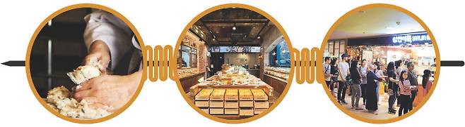 (왼쪽부터)어묵매장이 고급 빵집처럼 베 이커리형으로 변신하고 있다, 어묵업체들은 수제어묵으로 고품질의 다양한 형태의 어묵을 선보이고 있다, 지난 5일 개장한 삼진어묵의 인도네 시아 자카르타 매장에서 고객들이 어 묵을 구매하고 있다. 삼진어묵 제공