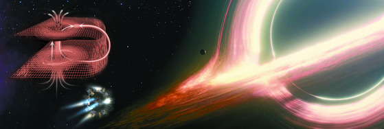 영화 '인터스텔라'에서 묘사된 블랙홀 '가르강튀아'(오른쪽). 테두리의 밝은 빛은 블랙홀 뒤편의 별빛이다. 블랙홀 때문에 휘어져 보인다. 또 두 우주 사이를 연결하는 웜홀을 통하면 빠른 속도의 우주여행이 가능하다(왼쪽). [사진제공=워너브러더스 코리아]