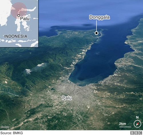 지진에 이은 쓰나미가 들이닥친 술라웨시 섬의 팔루와 동갈라 지역[출처: 인도네시아 기상기후지질청(BMKG)]