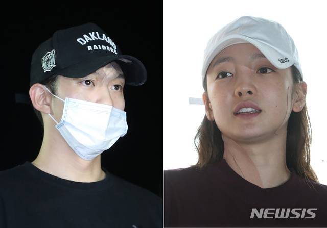 【서울=뉴시스】조수정 기자 = 그룹 '카라' 출신 구하라가 남자친구 폭행 의혹과 관련, 조사를 받기 위해 18일 오후 서울 강남경찰서로 들어서고 있다(오른쪽). 왼쪽 사진은 전날 저녁 경찰에 출석해 조사를 받은 전 남자친구 헤어디자이너 최모씨. 2018.09.18. chocrystal@newsis.com