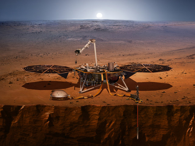 NASA의 인사이트 화성 착륙선이 화성 지표에서 작업하는 상상도.(출처: NASA / JPL-Caltech)