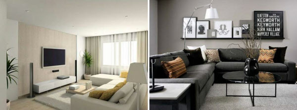 아이보리(왼쪽), 블랙(오른쪽) 등 같은 계열 컬러로 된 가구를 들여 세련되고 넓어보이는 거실. /Pinterest