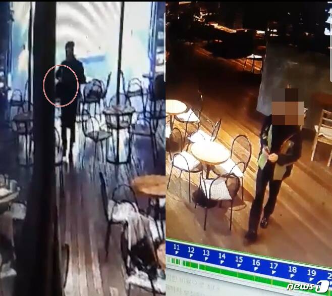 부산의 한 카페에서 40대 남성이 잠깐 자리를 비운 옆 테이블 손님의 가방과 지갑을 훔친 뒤 도망가는 모습이 찍힌 폐쇄회로(CC)TV 장면. © News1