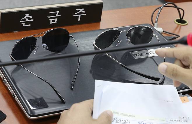 무소속 손금주 의원이 6일 국회에서 열린 국회 운영위원회의 청와대에 대한 국정감사에서 임종석 청와대 비서실장이 비무장지대 방문 때 사용했던 것과 비슷한 선글라스를 가져와 질의를 하고 있다. 임현동 기자