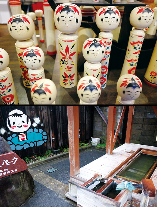 도호쿠지방 고유의 향토 완구 고케시 인형은 맨홀뚜껑과 공동족욕장에도 등장한다.