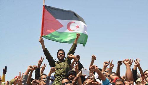 모로코와 서사하라 지역에서 영토 다툼을 벌이고 있는 폴리사리오 전선 소속들이 2016년 7월 서사하라와 국경을 맞대고 있는 알제리 틴도프 지역 난민 캠프에서 열린 지도자 모하메드 압델라지 에제딘의 장례식에 참석해 서사하라 국기를 흔들고 있다. 틴도프=AP 연합뉴스 자료사진