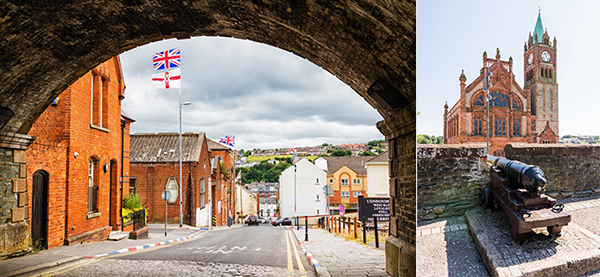 런던데리에서는 영국 국기와 아일랜드 국기가 함께 나부끼고 있다(좌). 성벽 위에서 바라본  런던데리의 랜드마크인 ‘길드홀’과 성벽 축조시 사용됐던 대포(우). /셔터스톡