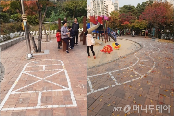 지난달 29일 성북구 한 놀이터에 그려진 바닥놀이 그림 / 사진=이영민 기자