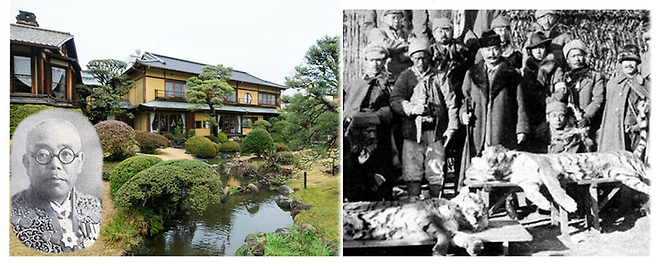 철도대신 우치다와 1919년 시즈오카현 아타미에 지은 그의 별장. 오른쪽은 조선 호랑이를 사냥한 정호군과 야마모토(가운데 검은 모자 쓴 이) ⓒ 이원혁 제공
