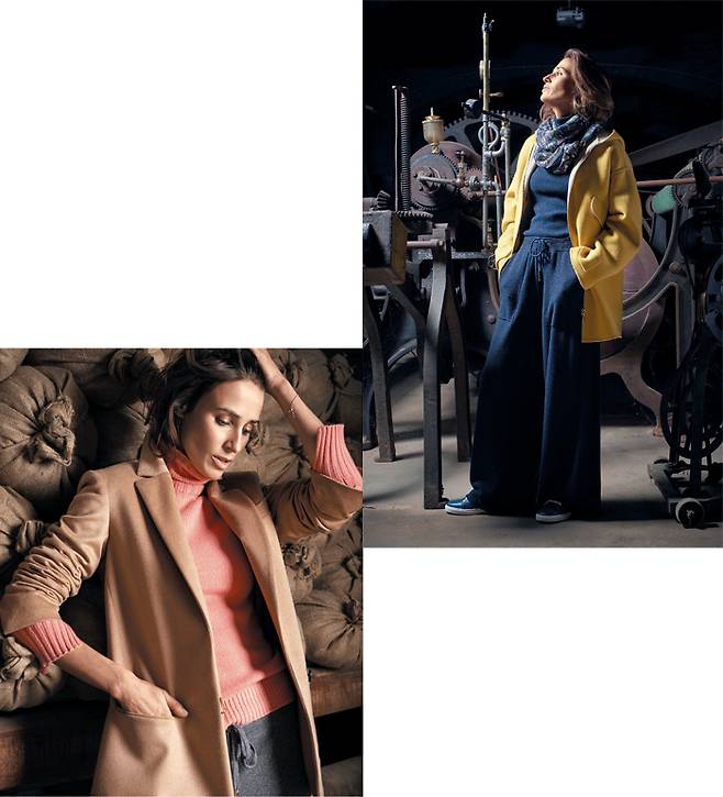 콜롬보 노블 파이버 제공 여성스러움과 편안함이 결합된 ‘뉴 엘레강스’를 표현한 콜롬보 2018년 여성 컬렉션. 두블레 코트(우), 브랜드 시그니처 아이템 케이트 재킷(아래).