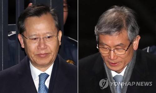 박병대-고영한 전 대법관 '구속영장 기각' (의왕=연합뉴스) 김인철 기자 = 사법행정권 남용 사건에 관여한 의혹을 받는 박병대(왼쪽), 고영한 전 대법관이 7일 오전 구속영장이 기각된 후 경기도 의왕 서울구치소를 나서고 있다. yatoya@yna.co.kr (끝)