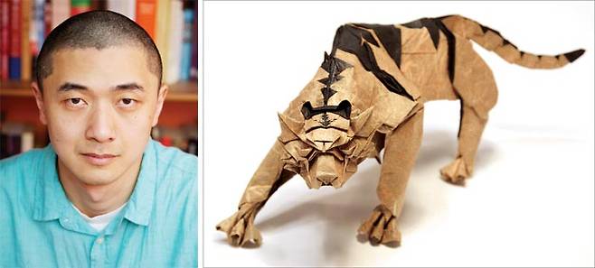 켄 리우는“인간의 본질은 우주의 무질서한 상태에서 의미를 창조해내고 서사를 빚어내는 노력”이라고 했다. 오른쪽 사진은 소설집 ‘종이 동물원’표지에 쓰인 종이 호랑이. /Lisa Tang Liu·종이접기 장용익