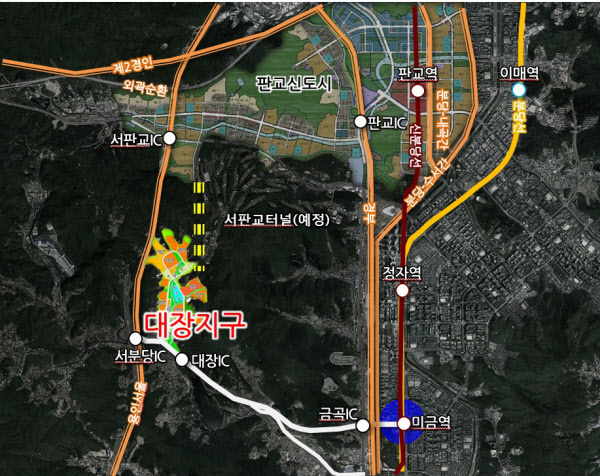 경기 성남 대장지구 위치.서판교터널이 뚫리면 판교까지 차로 5분이면 닿는다. /네이버 지도