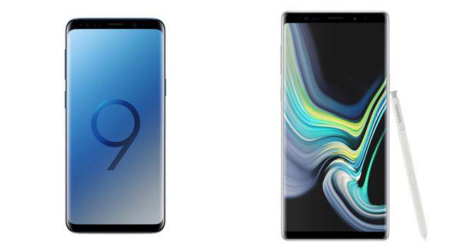 삼성페이가 탑재된 삼성 갤럭시S9 폴라리스 블루와 갤럭시노트9 알파인 화이트 모델.
