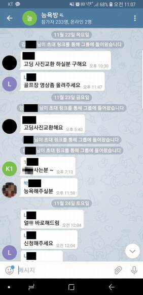 230여명이 모인 한 소셜네트워크서비스(SNS) 비밀 채팅방에서 회원들이 음란물 합성을 위해 미성년자 사진을 요청하고 있다. 텔레그램 비밀 채팅방 캡처 230여명이 모인 한 소셜네트워크서비스(SNS) 비밀 채팅방에서 회원들이 음란물 합성을 위해 미성년자 사진을 요청하고 있다. 텔레그램 비밀 채팅방 캡처