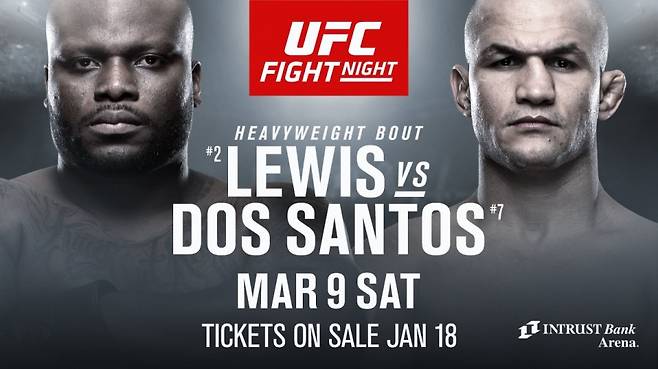 ▲ 오는 3월 10일 UFC 파이트 나이트 146에서 맞붙는 파이터들. 데릭 루이스와 주니어 도스 산토스의 헤비급 경기가 메인이벤트다.