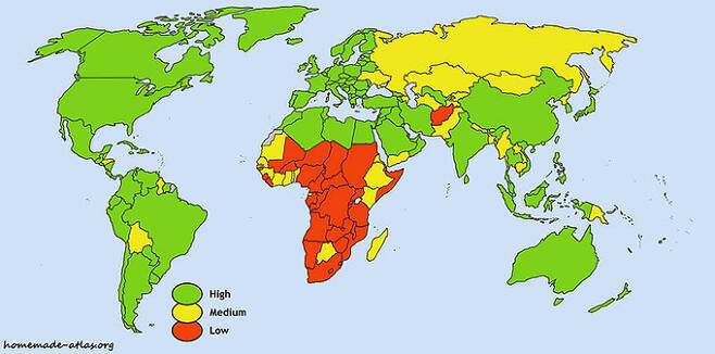 2009년 기준 평균 수명 세계 지도. 녹색은 70세 이상, 붉은 색은 54.9세 이하다. 위키피디아