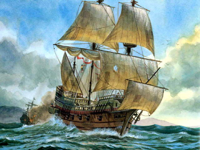 프랜시스 드레이크가 1577년 사상 두번째 세계 일주에서 사용한 골든 하인즈호. 모험가이자 국가에서 면허장을 받은 해적(사략선장), 영국 해군 부사령관을 지닌 그의 이력에서 보듯이 당시에는 군함과 일반 배의 차이가 거의 없었다. 최근 컨테이너미사일 발사 시스템을 상선에 배치하려는 구상은 16세기 무장상선 시대를 연상하게 만든다.