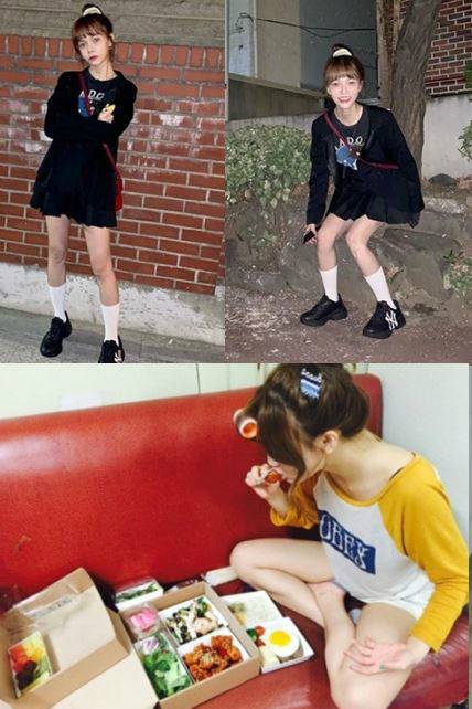 지난 12일 AOA 지민(본명 신지민)이 인스타그램에 올린 사진(위). 과거 지민이 '9·9데이'를 맞아 치킨을 먹는 모습을 촬영해 인스타그램에 공개한 사진(아래).