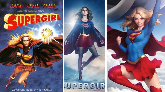 왼쪽부터 영화 슈퍼걸(1984), 방영 중인 드라마 슈퍼걸, 그리고 원작 코믹스에 등장하는 슈퍼걸.
