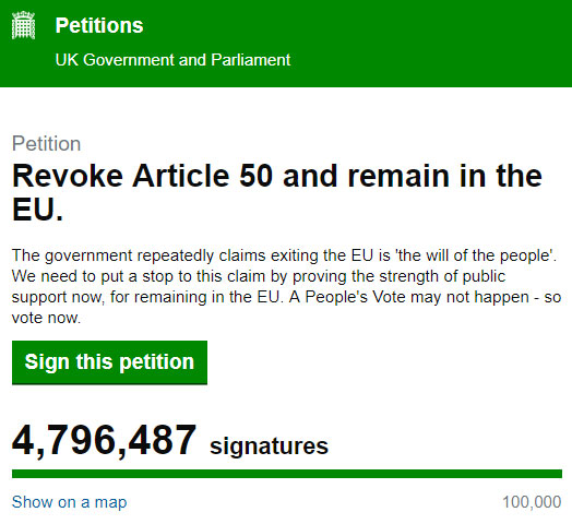 브렉시트를 취소하자는 내용의 영국 의회 국민청원에 480만명에 육박하는 사람들이 서명했다.