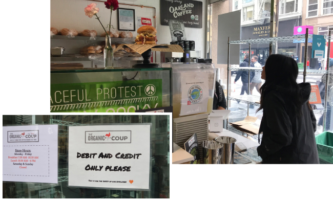 현금을 받지 않는 유기농 패스트푸드 음식점 ‘오가닉 쿠’ 매장 풍경과 유리창에 붙어 있는 안내문. ‘직불카드와 신용카드로만 결제할 수 있다’고 적혀 있다.
