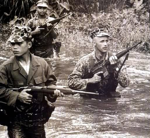 베트남 전쟁에서 미군은 초기에 M14와 M16을 동시에 사용했다. 그러나 곧 반동이 세고 무거운 M14을 버리고 가벼우면서도 명중률이 높은 M16으로 갈아탔다. 사진은 월남군과 합동 작전 중인 미군 특수부대원이 M16을 들고 개울을 건너고 있다. [중앙포토]