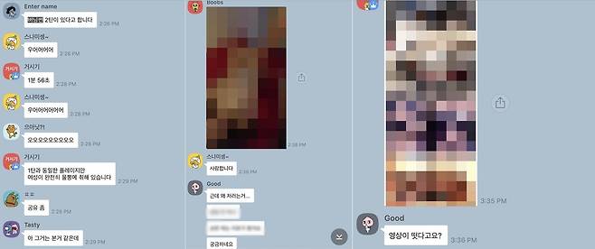 â–² Dialogue requesting "Burning Sun Second" video (left) and dialogue (medium) sharing illegal footage immediately after dialogue.  Singer Jung Jun-young (right) was photographed with women in underwear.
