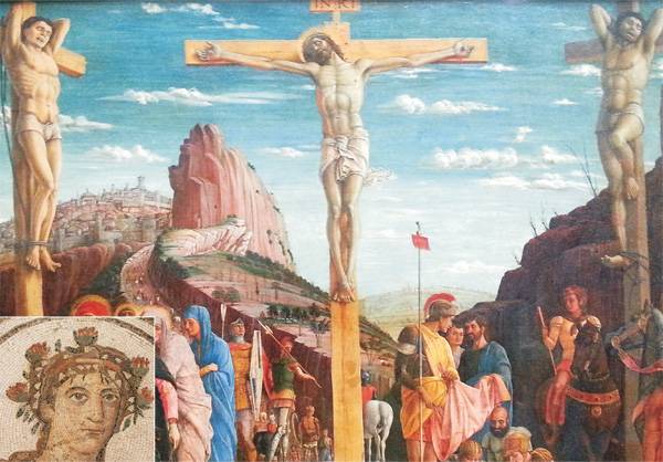 르네상스 화가 안드레아 만테냐의 1457년 작품 ‘십자가 처형’. 십자가 속 예수님 머리에 가시관이 씌워져 있다. 작은 사진은 튀니지 엘젬 박물관에 소장된 장미 화관을 쓴 봄의 여신 모자이크.