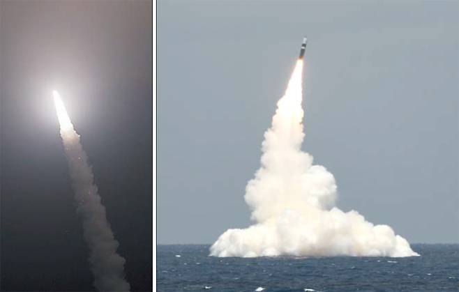 美공군은 ICBM, 해군은 탄도미사일 발사… 北에 경고장 날렸다 - 북한이 9일 탄도미사일을 발사한 직후 미군은 일제히 대응에 나섰다. 미 공군은 북한 도발 11분 후 캘리포니아 반덴부르크 공군기지에서 대륙간탄도미사일(ICBM) ‘미니트맨3’ 발사를 실험하는 사진(왼쪽)을 공개했다. 미 해군은 북한 미사일 발사 수 시간 후 잠수함발사탄도미사일(SLBM) ‘트라이던트Ⅱ’가 플로리다 해역에서 시험 발사되는 장면(오른쪽)을 공개했다. /미 공군·미 해군
