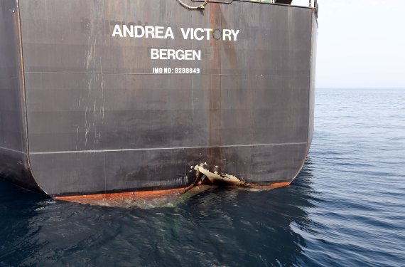 A damaged Andrea Victory ship is seen off the Port of Fujairah, United Arab Emirates, May 13, 2019. REUTERS/Satish Kumar <All rights reserved by Yonhap News Agency>