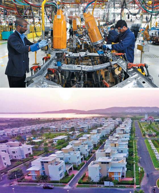 공유차 200만대 모두 전기차로… 1억명이 사는 스마트시티 100곳 신규 건설 - 위 사진은 인도 서부 마하라슈트라주 마힌드라 차칸 자동차 공장에서 근로자들이 차를 조립하고 있는 모습. 마힌드라는 연산 30만대 규모인 이 공장에 전기차 핵심 부품 생산 라인을 증설할 계획이다.아래 사진은 인도 남부 공업도시 첸나이에 있는 마힌드라 월드시티 전경. 630만㎡ 규모의 이 신도시는 인도 최초의 ‘음식 쓰레기 제로’ 친환경 도시이자 입주 기업에 전기·통신 인프라뿐 아니라 세제 혜택까지 제공하는 스마트시티다. /마힌드라