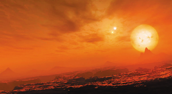 태양계 밖에는 해가 세 개 뜨는 행성들이 종종 있다. 전갈자리에 있는 글리스 667Cd 행성에 태양 세 개가 뜬 모습을 그린 상상도. /유럽남방천문대