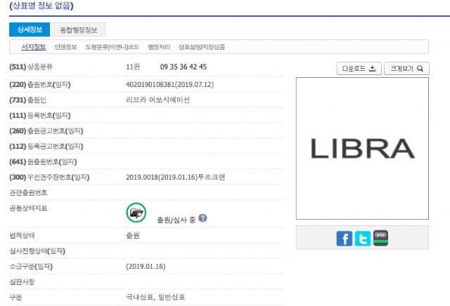 리브라 어쏘시에이션이 한국 특허청에 리브라 상표등록출원서를 제출했다.