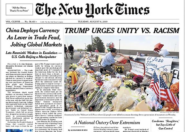 6일자 미국 뉴욕타임스(NYT) 초판 1면으로, '트럼프, 인종차별에 맞서 단합을 촉구(TRUMP URGES UNITY VS. RACISM)'가 머리기사(headline)를 장식하고 있다. 연합뉴스