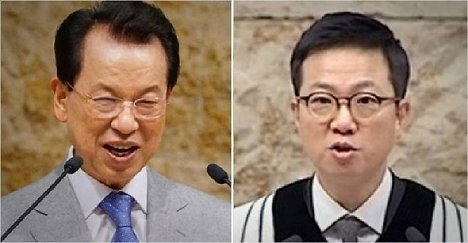 명성교회의 설립자인 김삼환 원로목사(왼쪽 사진)과 아들 김하나 위임목사. 연합뉴스