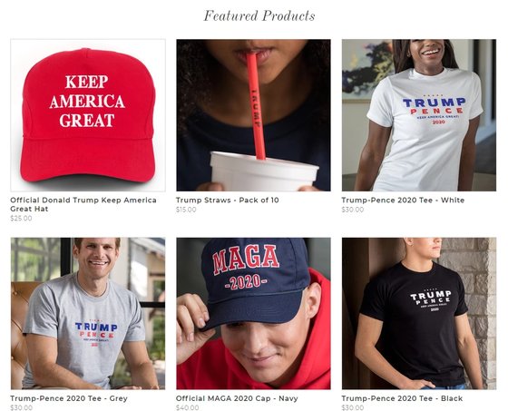 트럼프 대선 캠프 홈페이지에서 판매 중인 물품들. 윗줄 두번째 사진이 트럼프 빨대. [사진 샵도널드트럼프닷컴]