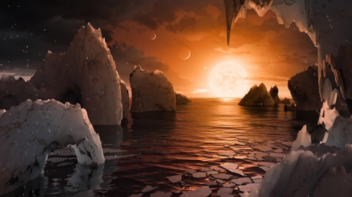 트라피스트-1f  대양 상상도 트라피스트-1 행성계의 다섯번째 행성인 트라피스트-1f는 조석고정으로 늘 햇빛을 받는 쪽은 대양이 존재하고 그 반대 쪽은 얼음세계인 것으로 추정되고 있다. [NASA/JPL-Caltech 제공]